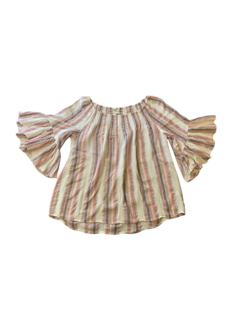 Cato Top Large Cream with Multi color Stripes Ruffle Boho Sleeve
